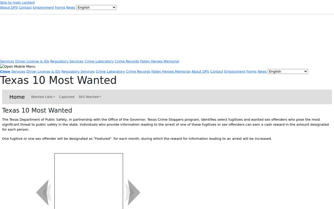 Dickens County most wanted research showing the Texas DPS statewide program page
