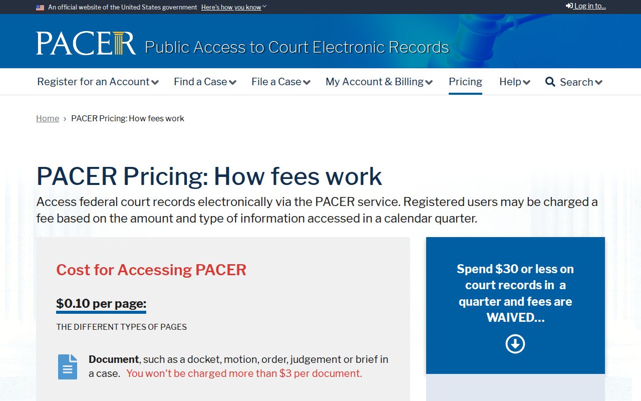 PACER public docket fee information for federal case research
