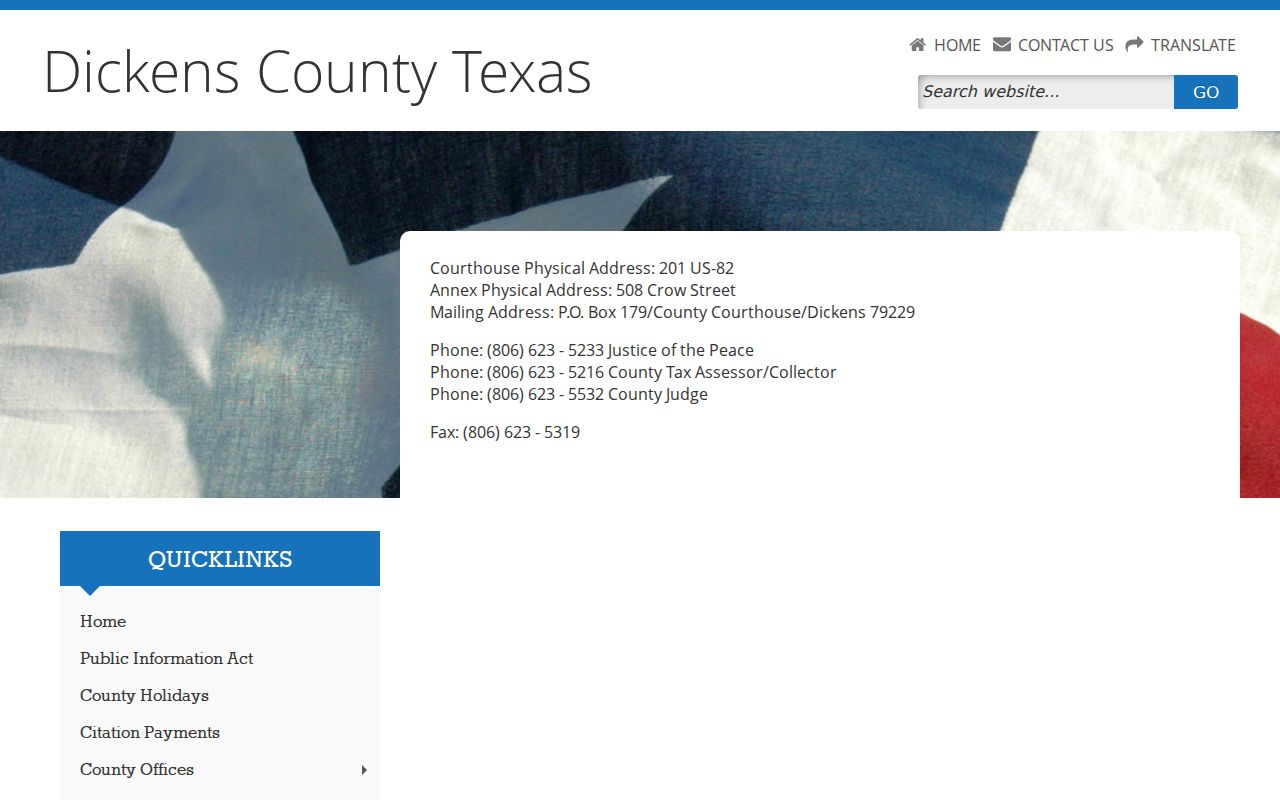 Dickens warrant records context showing the county-seat courthouse and annex contact page